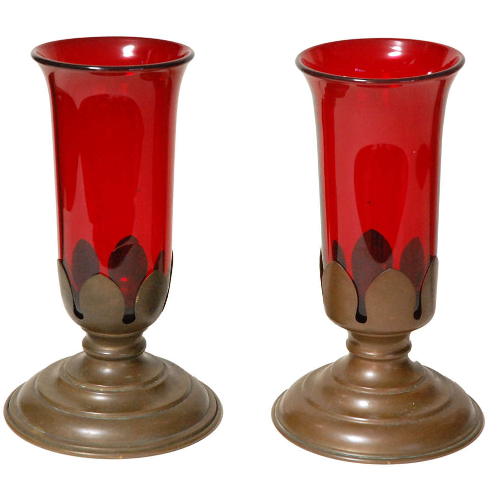 Antique Pair Red Glass Vases in Stands For Sale