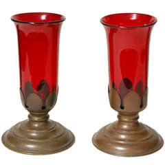 Antique Pair Red Glass Vases in Stands