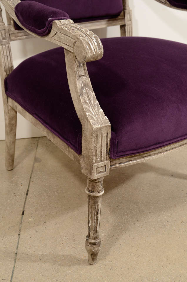 Wood Pair of French Louis XVI Painted Armchairs in Purple Velvet