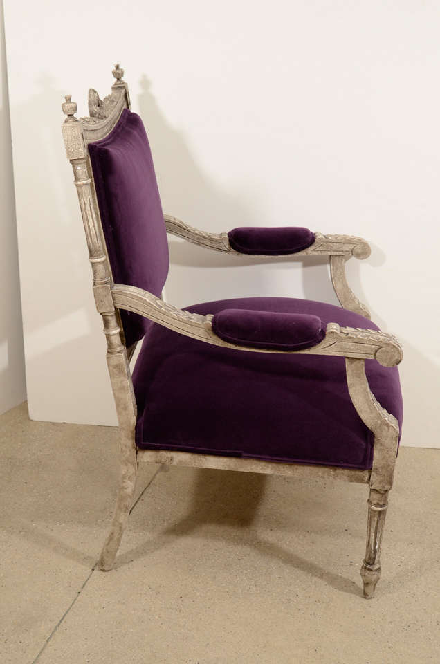 Pair of French Louis XVI Painted Armchairs in Purple Velvet 1