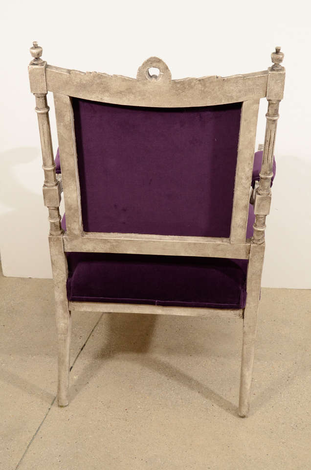 Pair of French Louis XVI Painted Armchairs in Purple Velvet 3