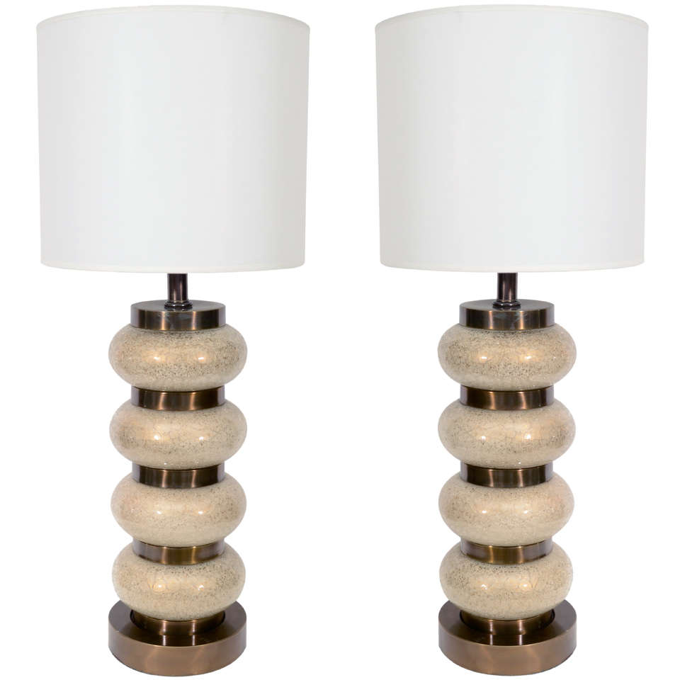 Pair of Crackled Glass Orb and Brass Lamps by Paul Hanson