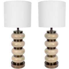 Pair of Crackled Glass Orb and Brass Lamps by Paul Hanson