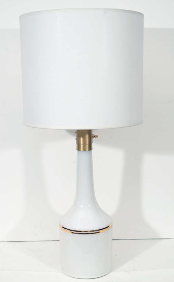 Exceptional pair of white glass lamps with parallel 22-karat gold stripes by Lyktan Haus for Holmegaard.