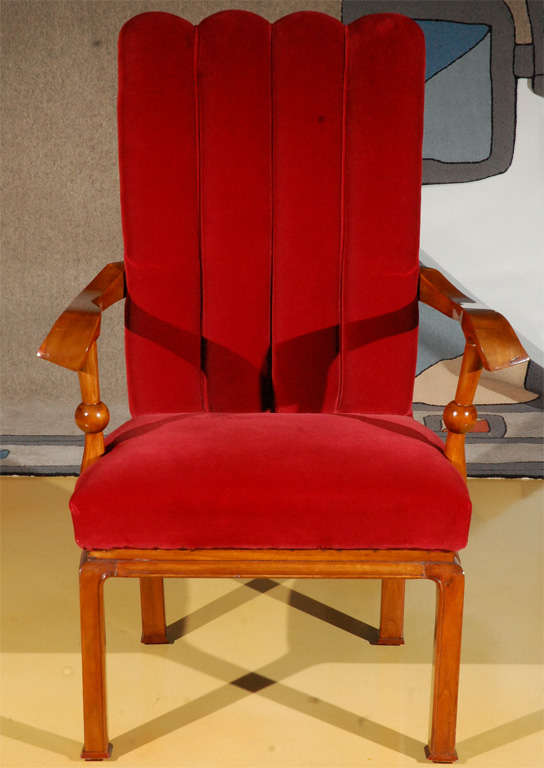 Hungarian Neo-Baroque mahogany high back armchair with new red velvet cover.
