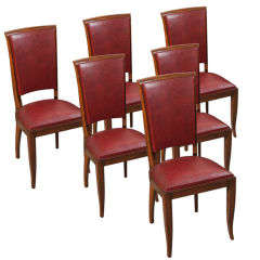 Set of 6 Antique Art Deco Burgundy Leather Dining Chairs