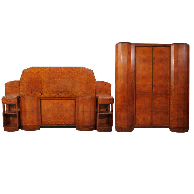 Antiqued Mapa Burl Walnut Art Deco Queen Bedroom Set from France