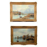 Antique Pair of canal scene oil paintings