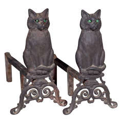 Cat Andirons with Green Glass Eyes*