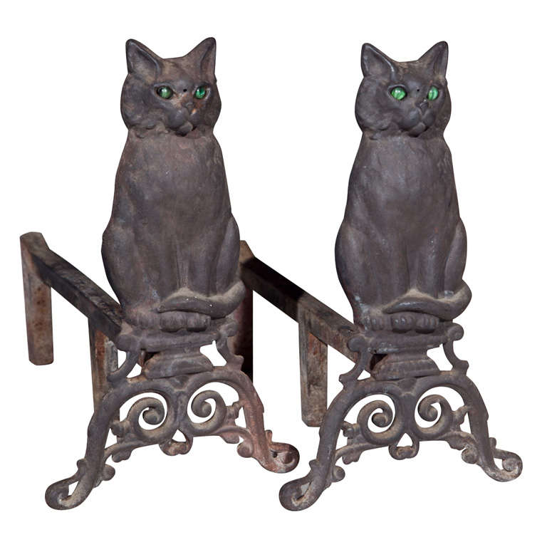 Cat Andirons with Green Glass Eyes*