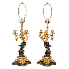 Pair Antique Bronze Three Light Putti Candelabras