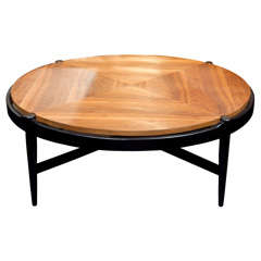 Mid Century Round Walnut and Black Coffee Table *