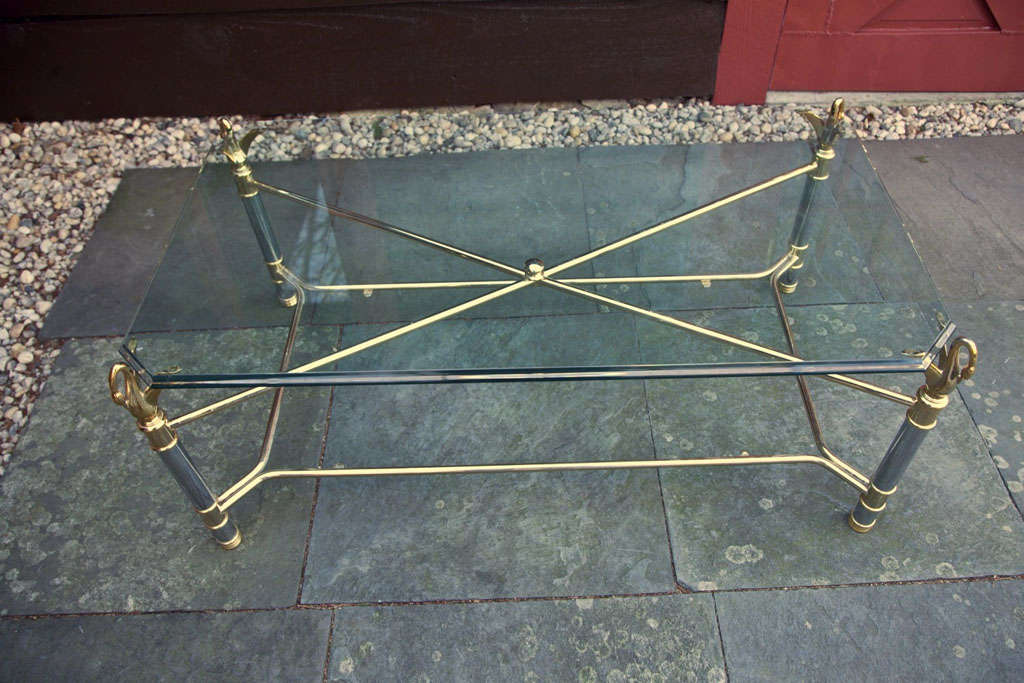 Glass Chrome and Brass Swan Coffee Table For Sale