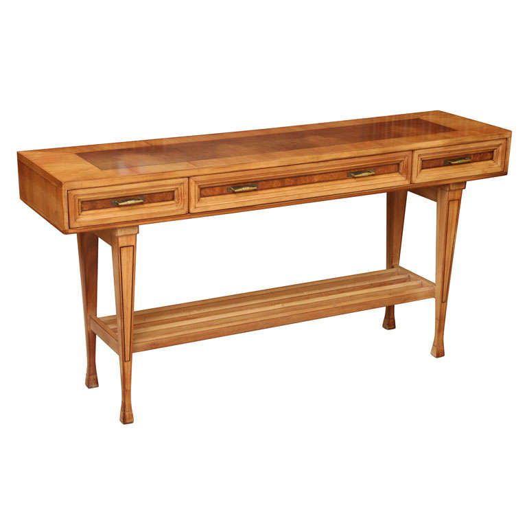 Modern Neoclassic Bleached Mahogany & Burlwood Console Table