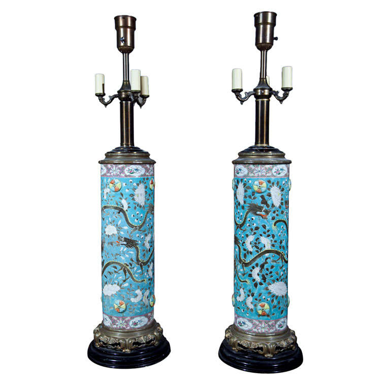 Pair of Chinese Dayazhai Ceramic Dragon Lamps