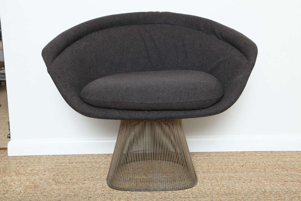 Warren Plater spoke side chair covered in original charcoal wool Knoll fabric. Three side chairs available.