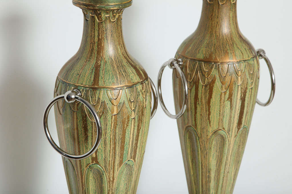 Pair of Glazed Ceramic lamps with Double Hoops For Sale 4