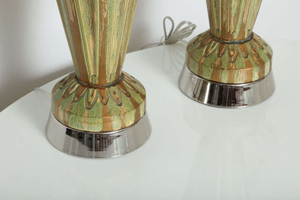 Mid-Century Modern Pair of Glazed Ceramic lamps with Double Hoops For Sale