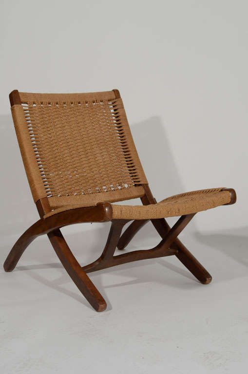 American Hans Wegner style Wood and Woven Rope Chair and Ottoman