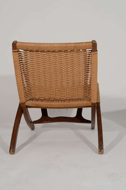 Hans Wegner style Wood and Woven Rope Chair and Ottoman In Good Condition In New York, NY