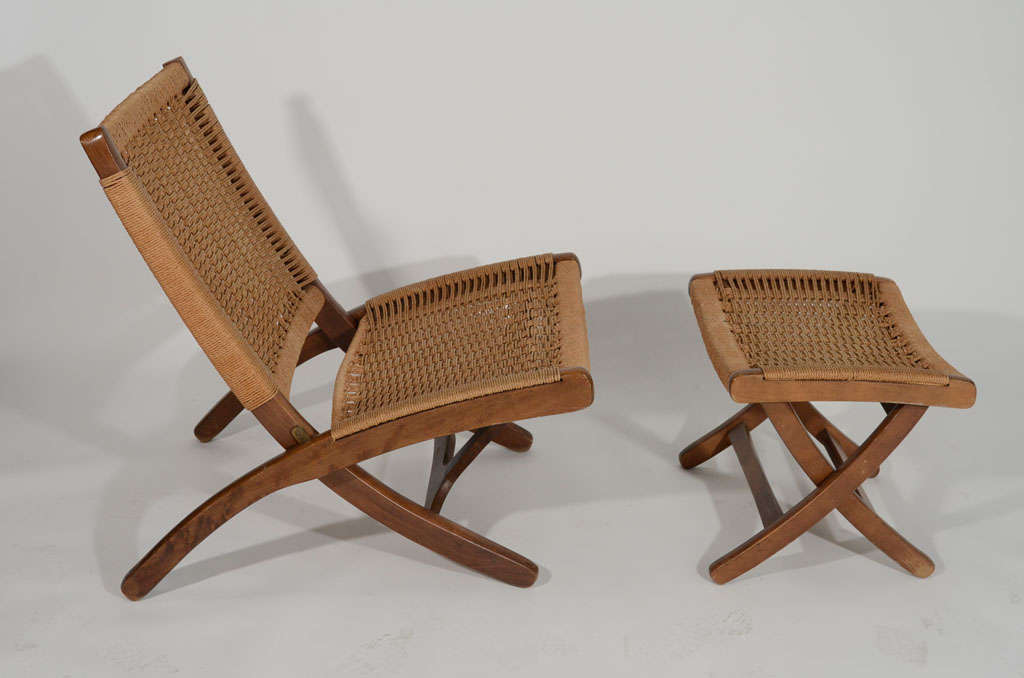 Hans Wegner style Wood and Woven Rope Chair and Ottoman at 1stDibs