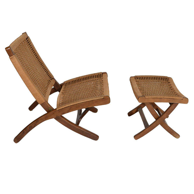 Hans Wegner style Wood and Woven Rope Chair and Ottoman at 1stDibs