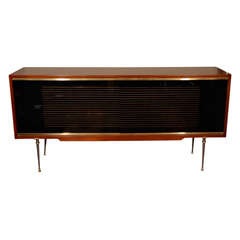 French Walnut Credenza with Black Glass Doors after Leleu
