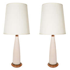 Mid-Century Pair of White Ceramic Ribbed Table Lamps