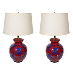 Pair of Italian Red & Blue Ceramic Table Lamps