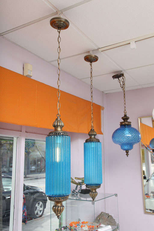 Pair Huge Turquoise Blue Antique Ceiling Pendants In Excellent Condition In Miami, Miami Design District, FL