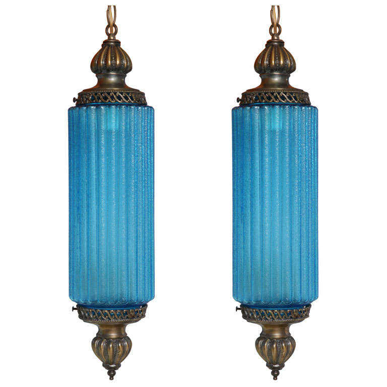 Pair Huge Turquoise Blue Antique Ceiling Pendants