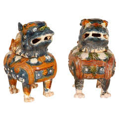 A Pair of Polychrome Glazed Antique Chinese Foo Dogs