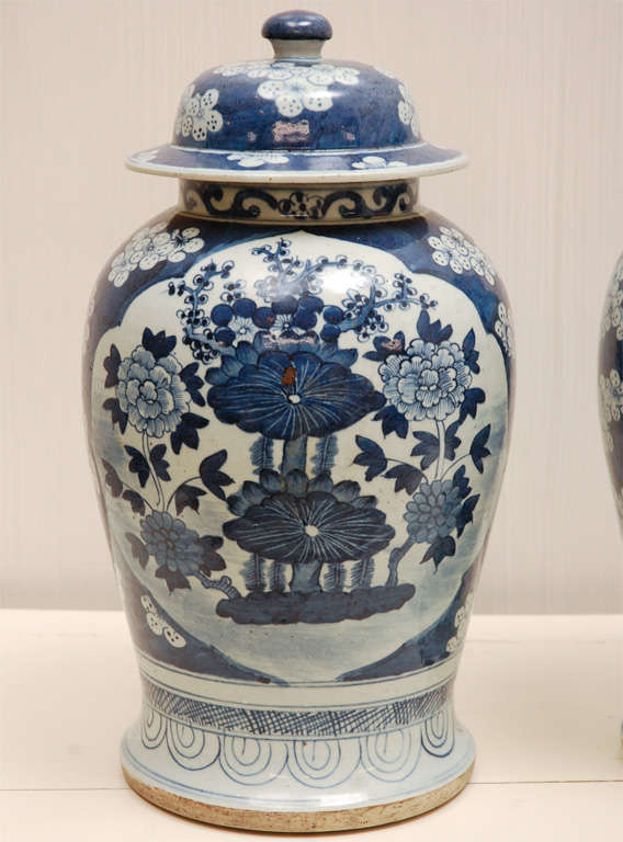 A Pair of  Blue and White Chinoiserie Chinese Jars with Covers