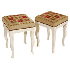 A Pair of Louis XV Style Provincial Needlepoint Decorated Stools