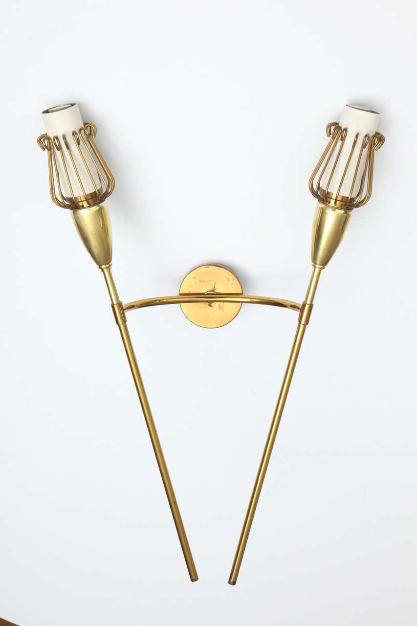 Pair of French modernist sconces designed by R. Lunel and manufactured by Royal Lumière, Paris, circa 1950s.
