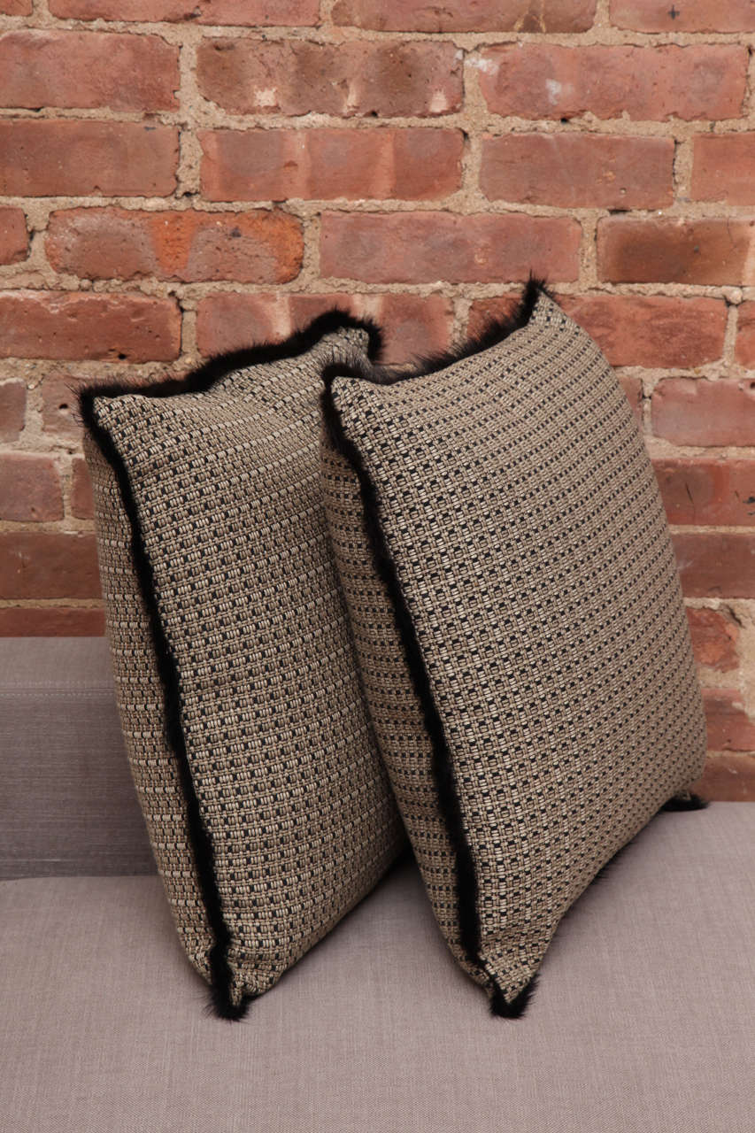 British Black Fur Square Pair of Pillows For Sale 2