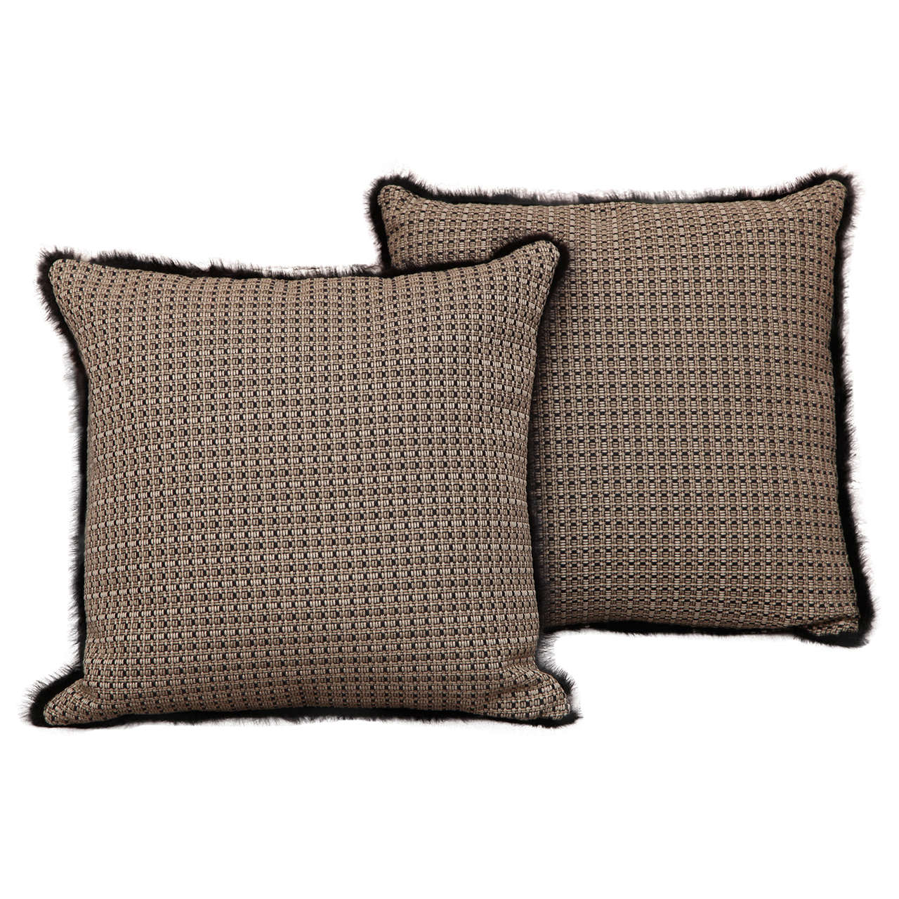 British Black Fur Square Pair of Pillows For Sale