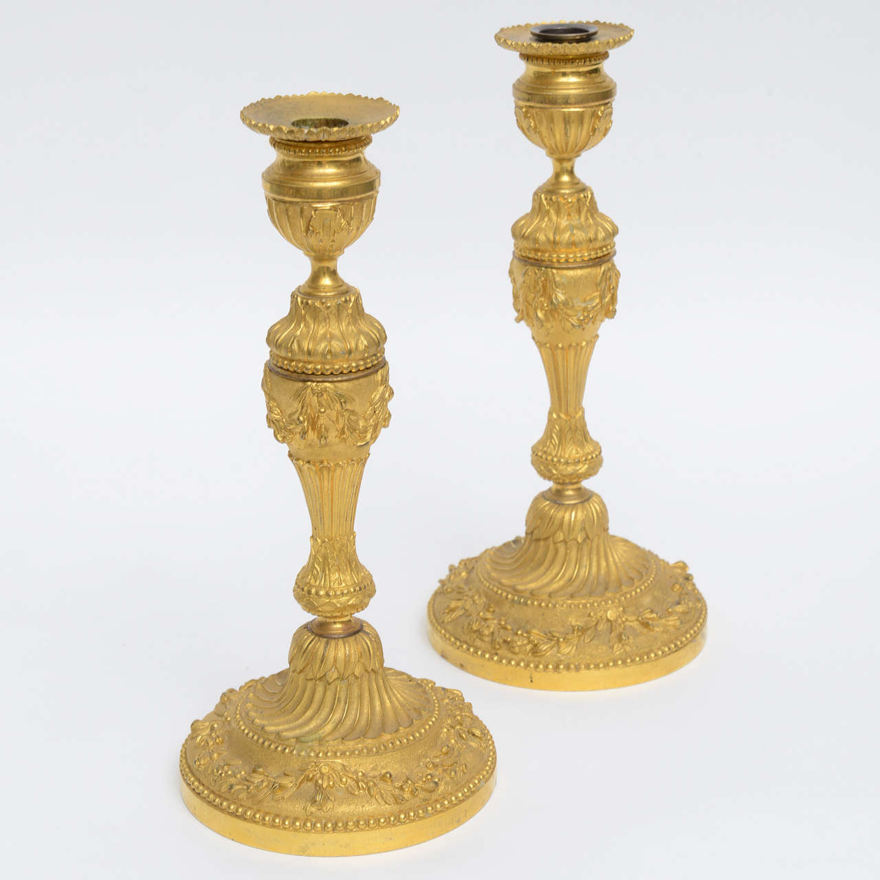 French Pair of Gilt Bronze 18th Century Candleholders