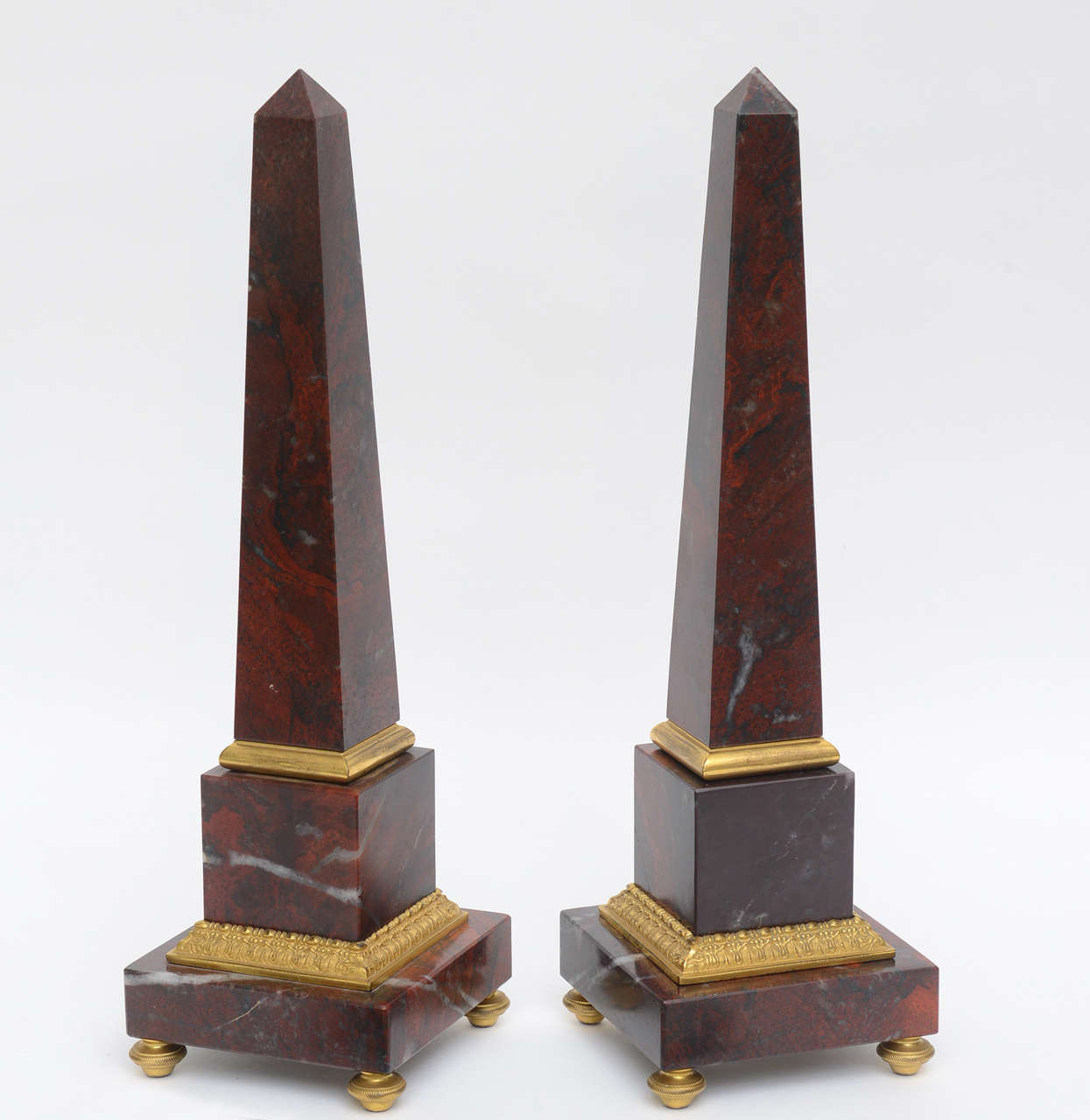 Neoclassical Pair of Antico Rosso Marble Obelisks