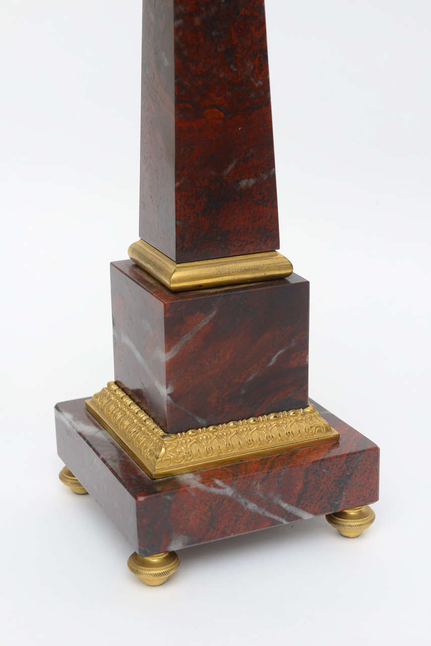 Gilt Pair of Antico Rosso Marble Obelisks