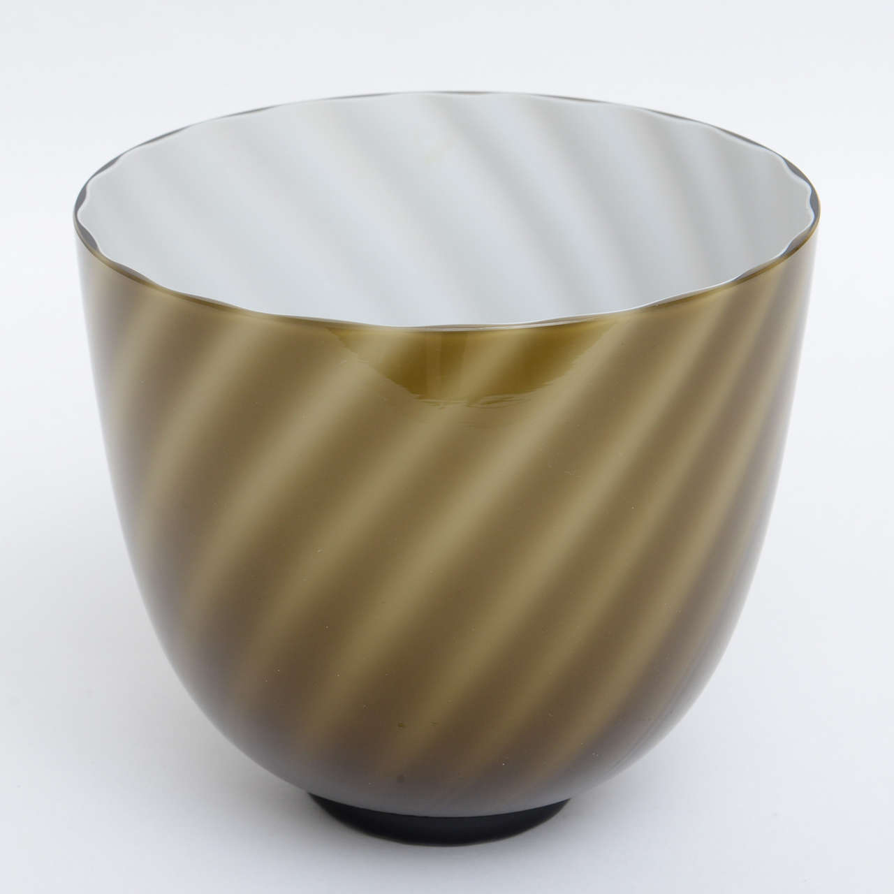 Large, Italian Murano, an original Thomas Barbini in a candy swirled design motif with beige opalescent and brown color. Open flared vase, accent center bowl. Clear round base with polished pontil.