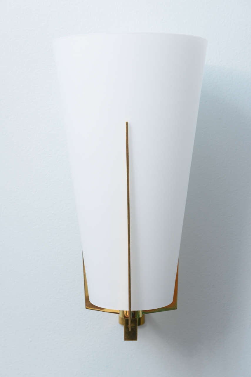 Set of Six Italian Modern Brass and Frosted Glass Wall Lights, Stilnovo at 1stdibs