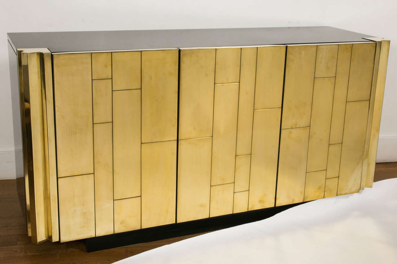 Italian Brass and Black Lacquered Sideboard by L. Frigerio, circa 1975 