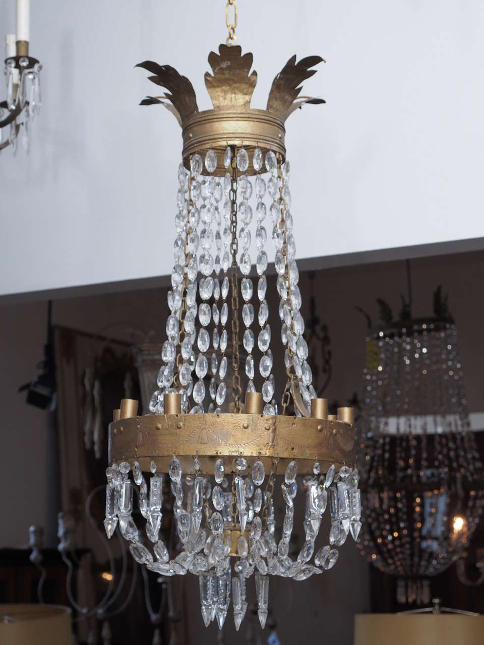 19thc gilded iron and crystal ten lights