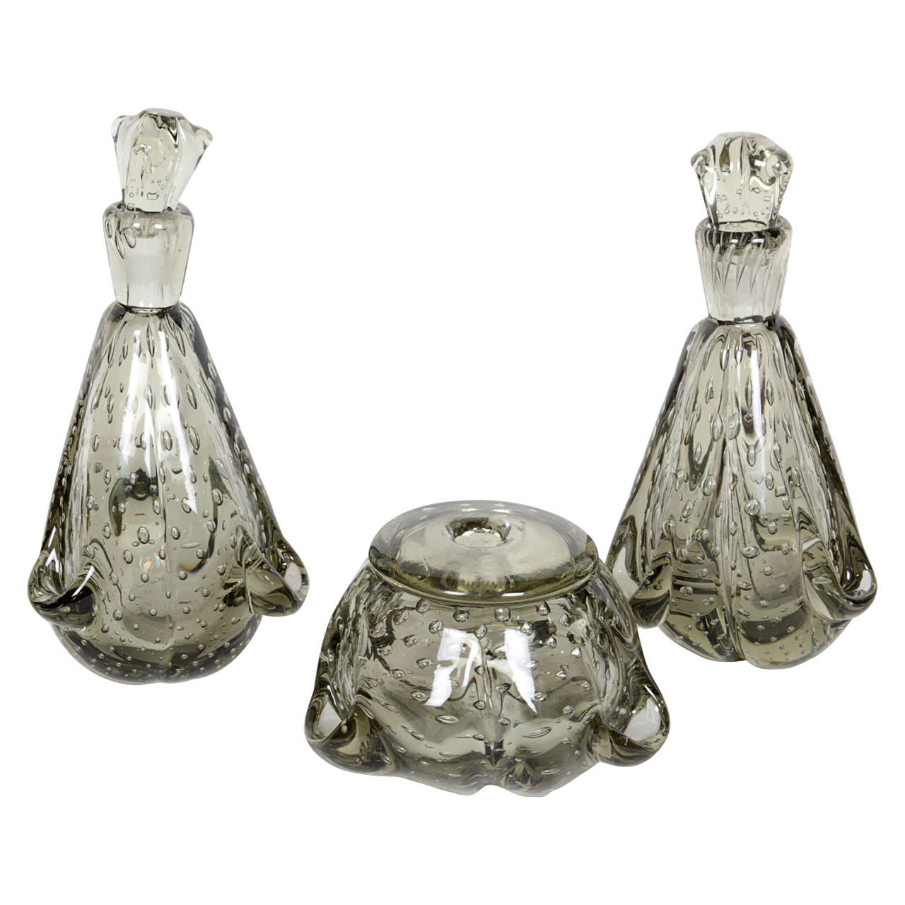 Exquisite Smoked Grey Murano Glass, Vanity or Perfume Set by Barovier & Toso