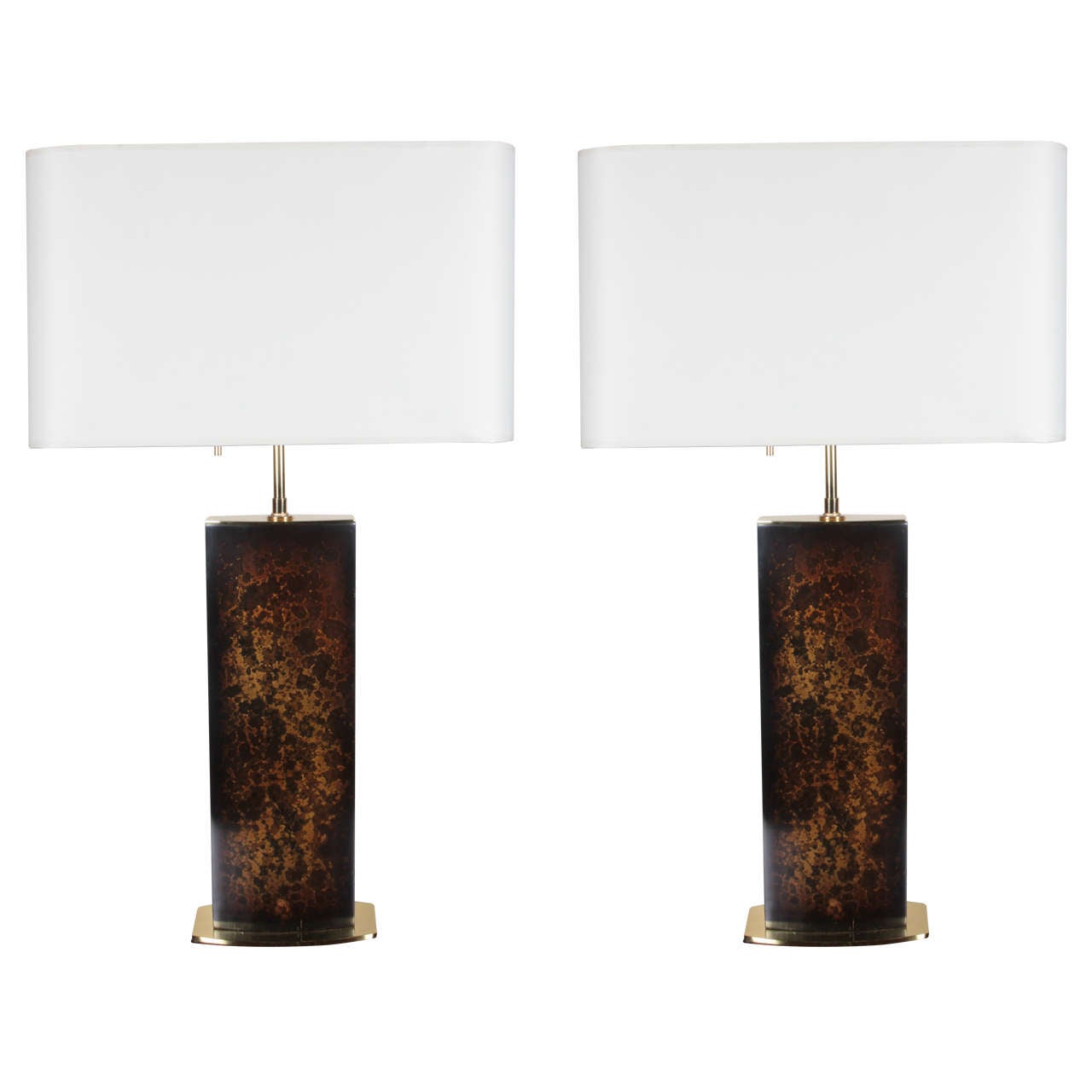Pair of Wooden Lamps with Tortoiseshell Oil Drop Finish and Solid Brass Base