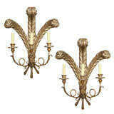 A Pair of Italian 3 Light Carved and Silver Leafed Wall Sconces