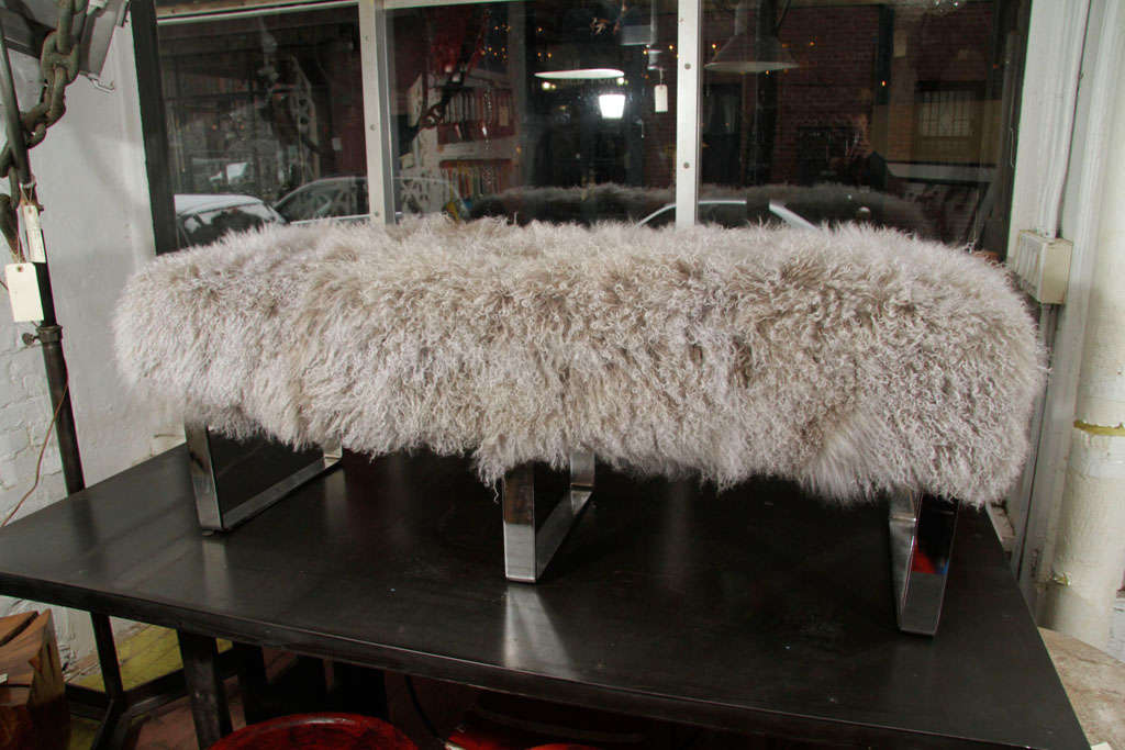 Tibetan Lamb's Wool Bench with Chrome Legs For Sale 6