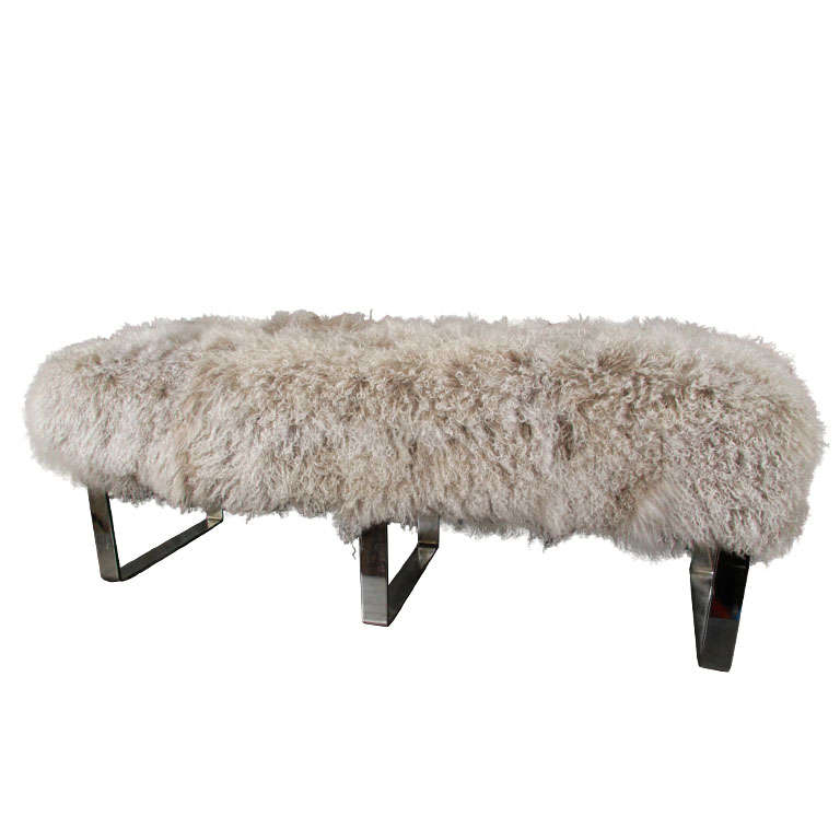 Tibetan Lamb's Wool Bench with Chrome Legs For Sale