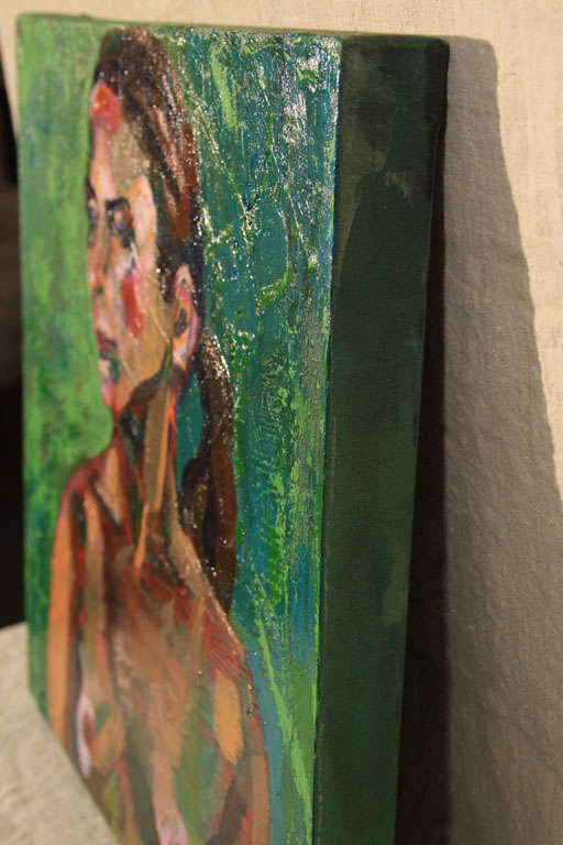 Canvas Nude Oil Painting in Green For Sale